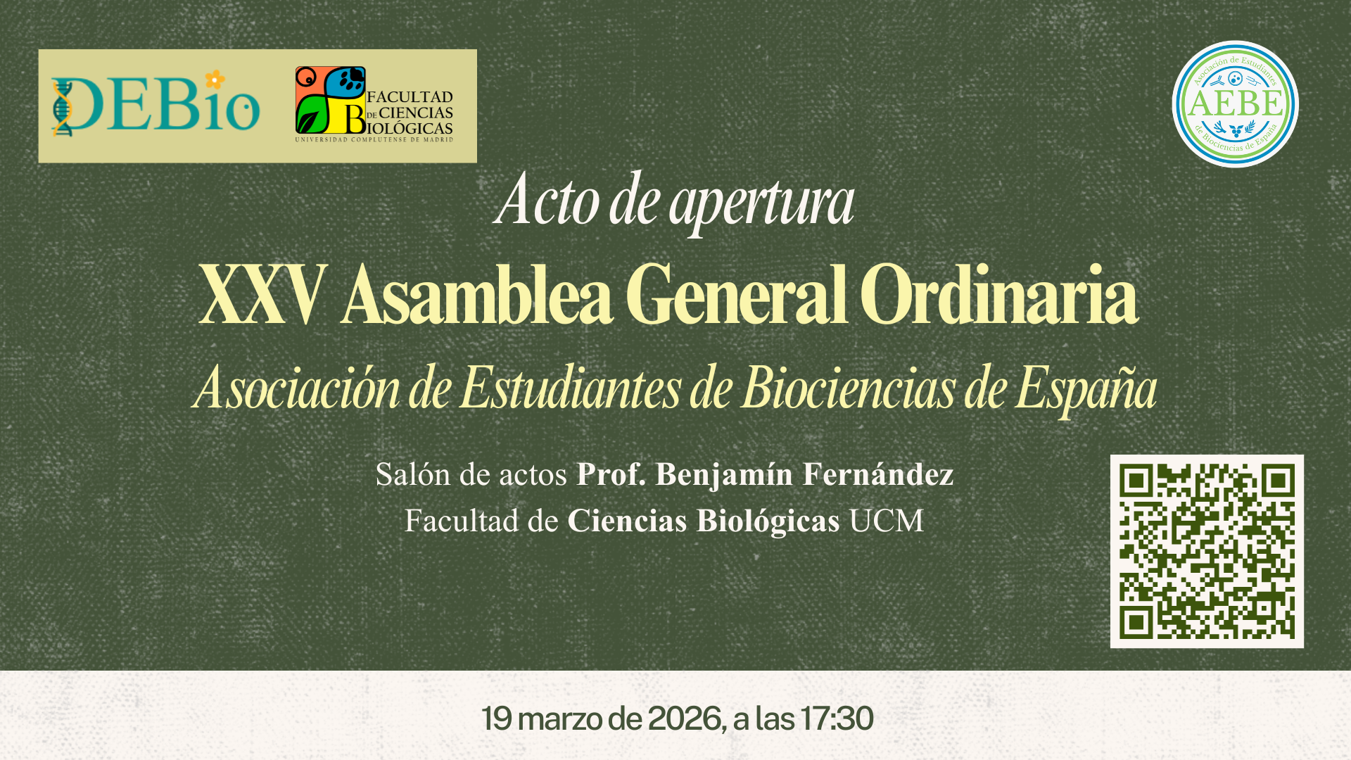 XXV Asamblea General Ordinaria Asociación de Estudiantes de Biociencias de España.  19 de marzo.